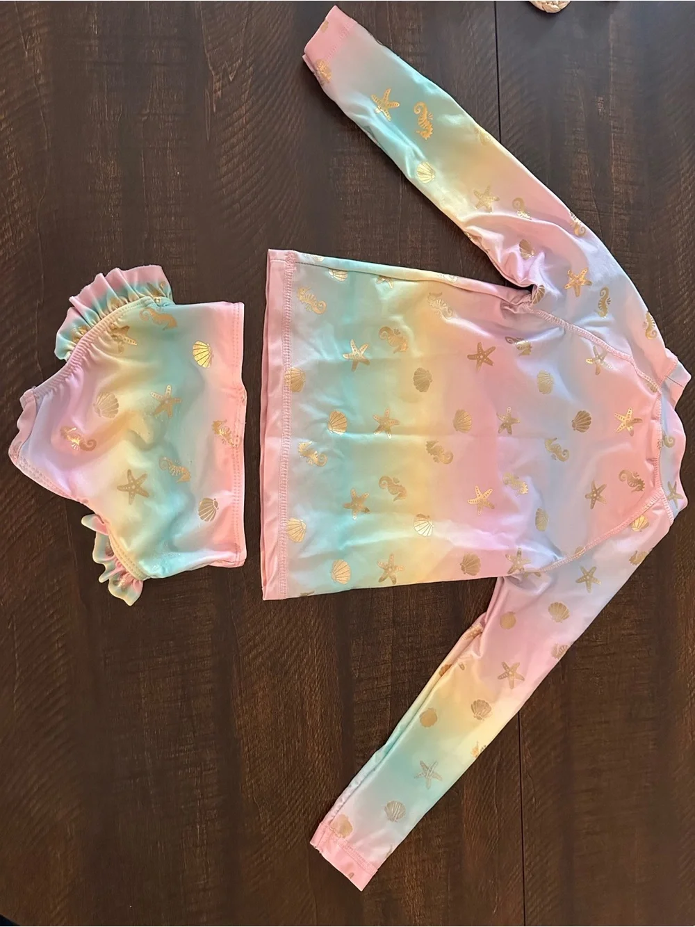 Girls' Pastel Rainbow Long Sleeve Rashguard Set with Gold Seashells